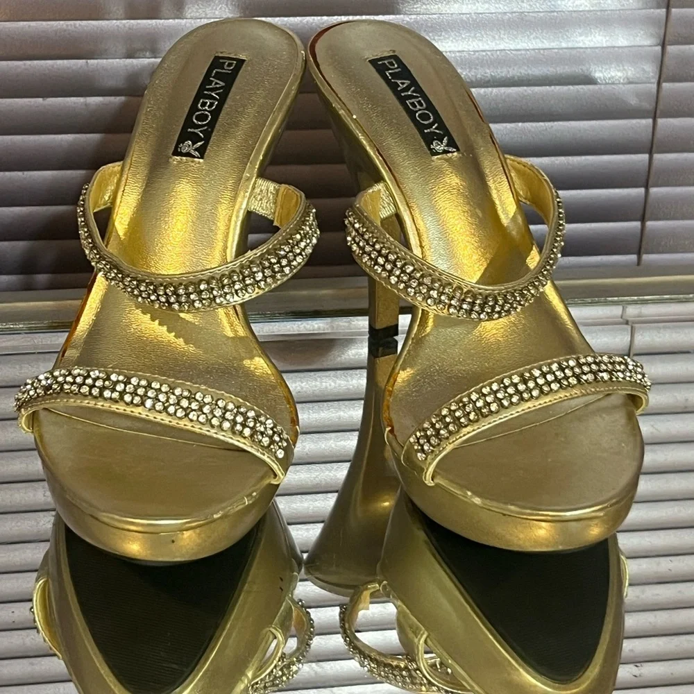 PLAYBOY Gold Rhinestone stiletto high heel sandal shoes vintage sparkly platform - Picture 4 of 7